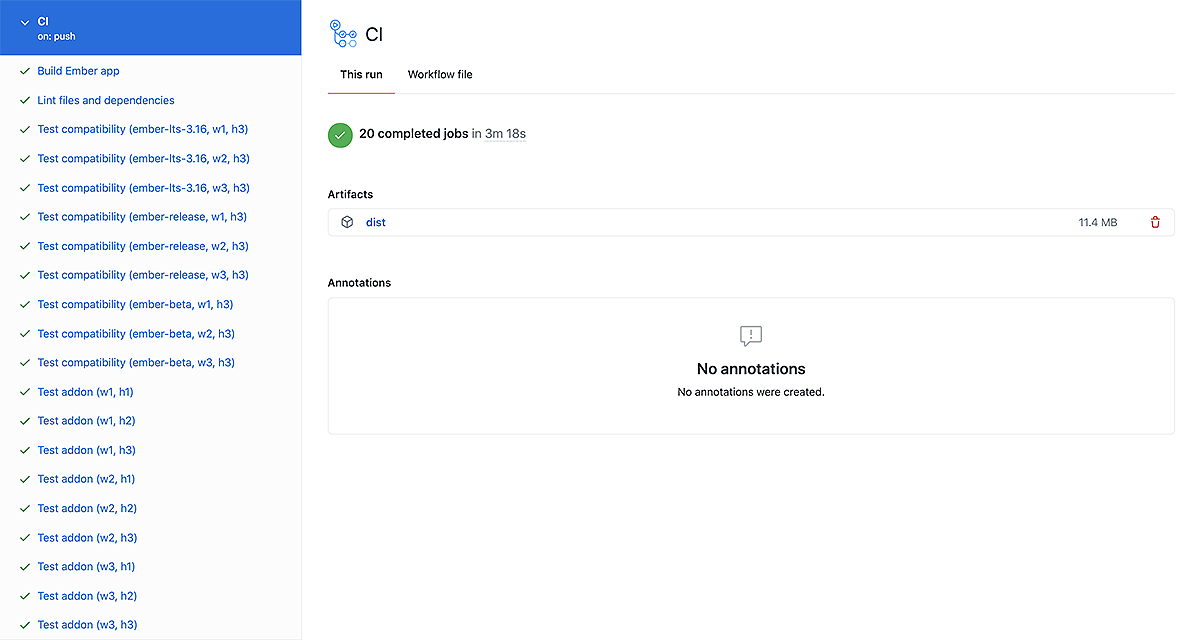 A workflow run for Ember Container Query shows 20 jobs that completed in 3 minutes.